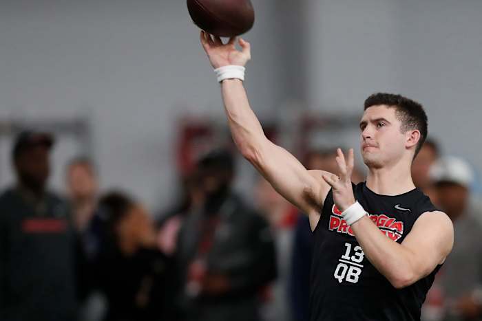 QB Stetson Bennett participating in drills at Georgia's Pro-Day in March. Credit Tony Walsh/ UGAA